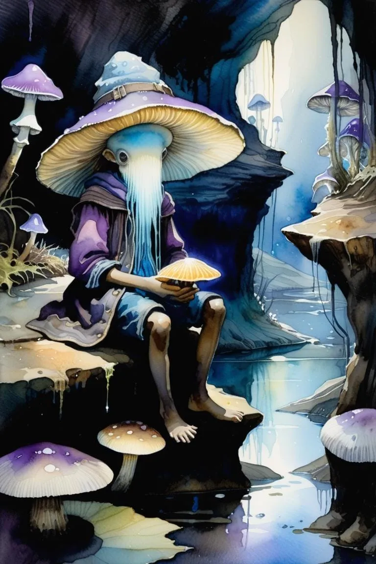 AI generated image using Stable Diffusion of a mushroom humanoid with a large hat sitting in a fantasy cave surrounded by bioluminescent mushrooms.