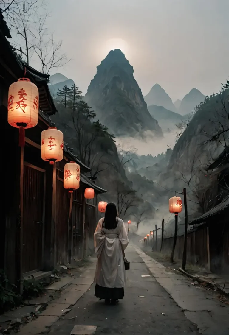 AI generated image using Stable Diffusion depicting a mysterious landscape of a misty village path lit by red lanterns with mountain range in the background.