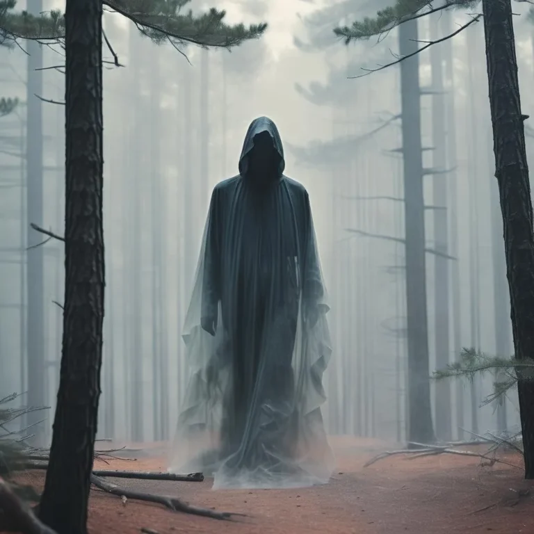 A dark, hooded figure stands in a foggy forest with tall trees and dense mist, an AI generated image using Stable Diffusion.