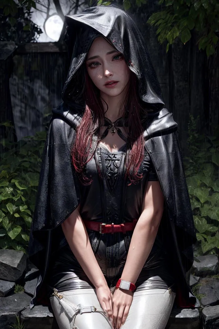 AI generated image of a mysterious woman with long red hair, wearing a black leather cloak and sitting against a backdrop of greenery at night.