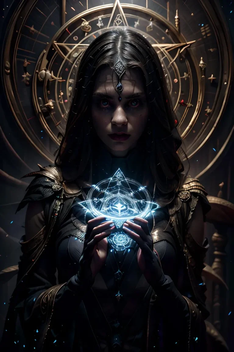 A dark fantasy image showing a mystic sorceress in elegant attire holding glowing magical symbols, created using Stable Diffusion AI.
