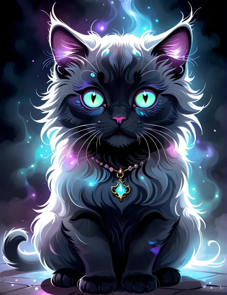 A mystical cat with glowing green eyes and fur adorned with ethereal blue and purple lights, wearing a blue gemstone pendant. AI generated image using Stable Diffusion.