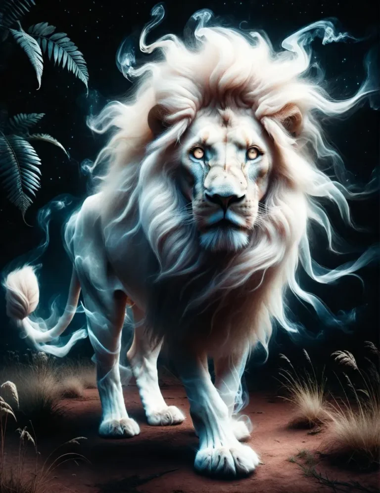A majestic lion with large, flowing white mane standing on a red, arid landscape, illuminated by ethereal lighting. This is an AI generated image using Stable Diffusion.
