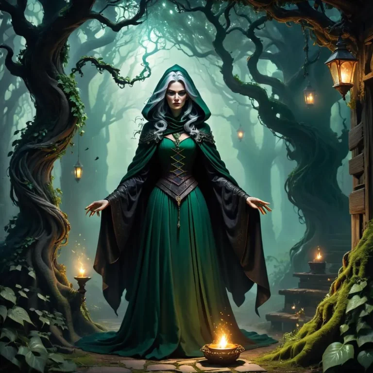 A mystical sorceress with silver hair in a green flowing dress and a hooded cloak standing in an enchanted forest, created using Stable Diffusion.