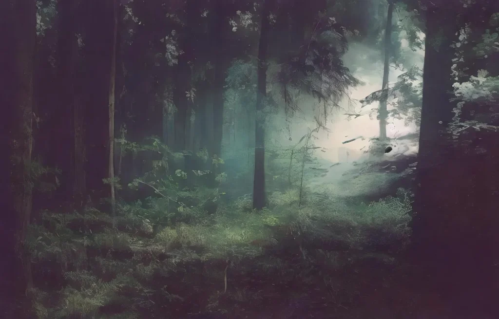 An ethereal landscape of a mystical forest with dense fog. Ai-generated image using stable diffusion.