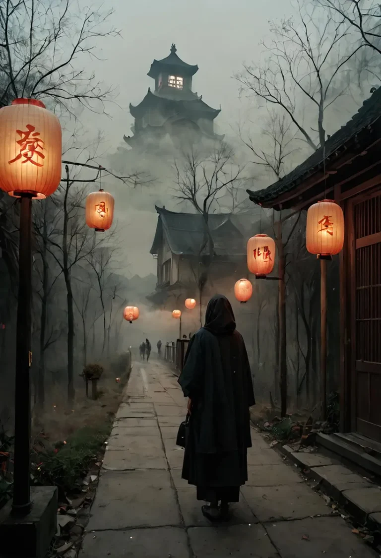 A mystical AI generated image using Stable Diffusion, featuring glowing lanterns lining a misty alley leading to a Japanese pagoda.