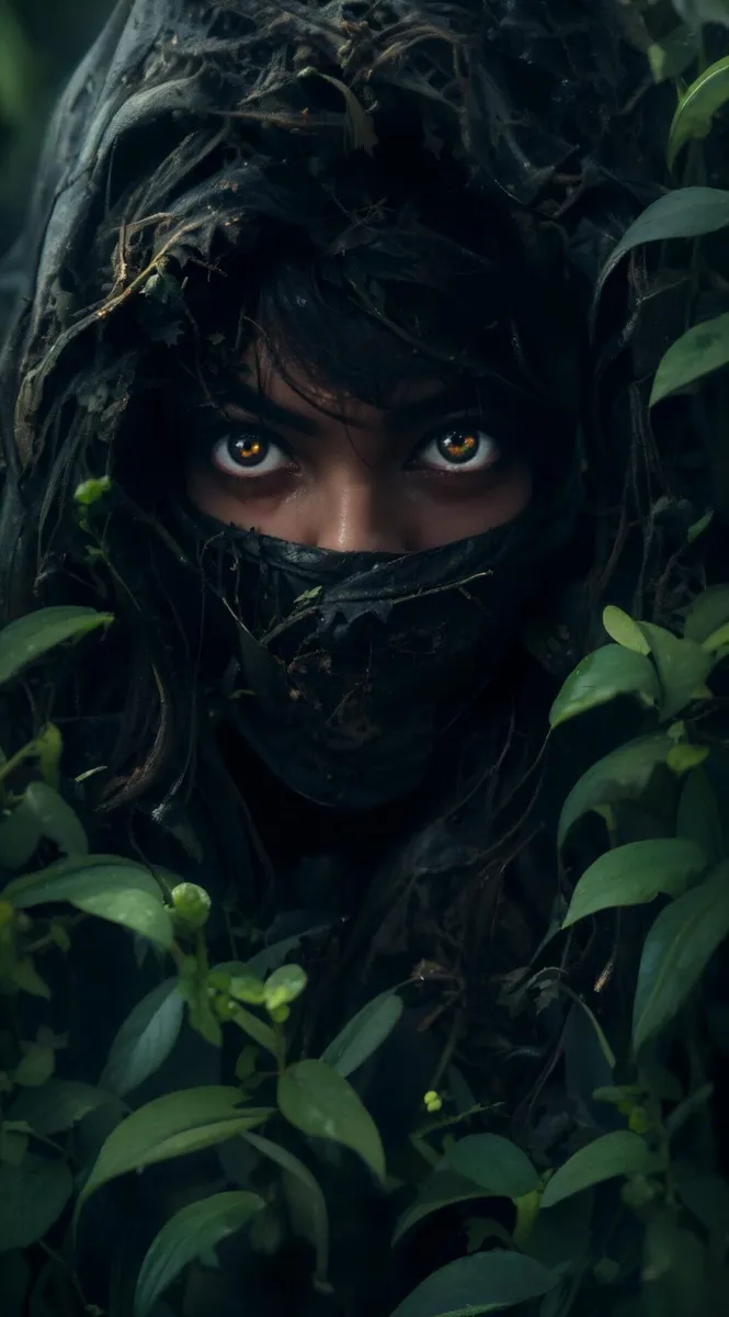 Mystical ninja with intense eyes, veiled in dark clothing, surrounded by forest foliage. AI generated image using stable diffusion.