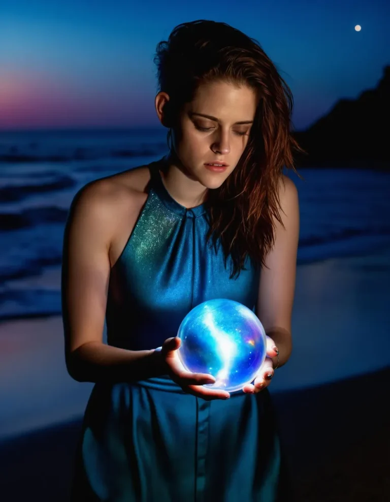 A mystical woman dressed in a blue shimmering dress, standing by the sea at twilight, holding a glowing orb in her hands. The orb emits a radiant, magical light, emphasizing the enchanting atmosphere.
