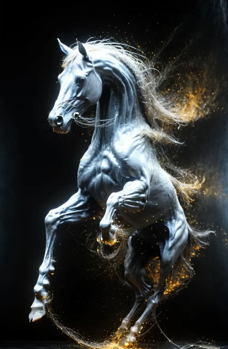 A mythical horse in dynamic motion with golden sparks, created by AI using stable diffusion.