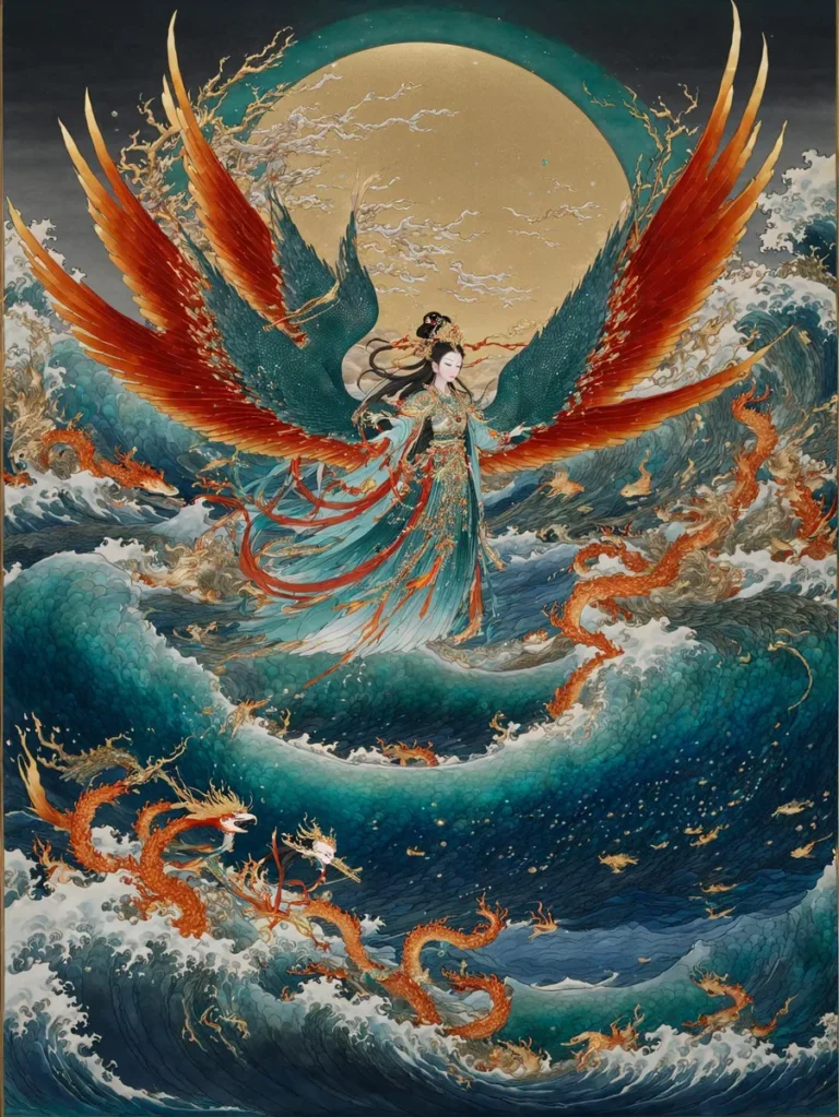 AI-generated image of a mythical phoenix with flaming red and golden feathers soaring above tumultuous ocean waves, with a massive golden moon in the background. The phoenix's enormous wings are spread wide and nearly touch the borders of the image. The overall style is reminiscent of mythological and fantastical art, created using Stable Diffusion.