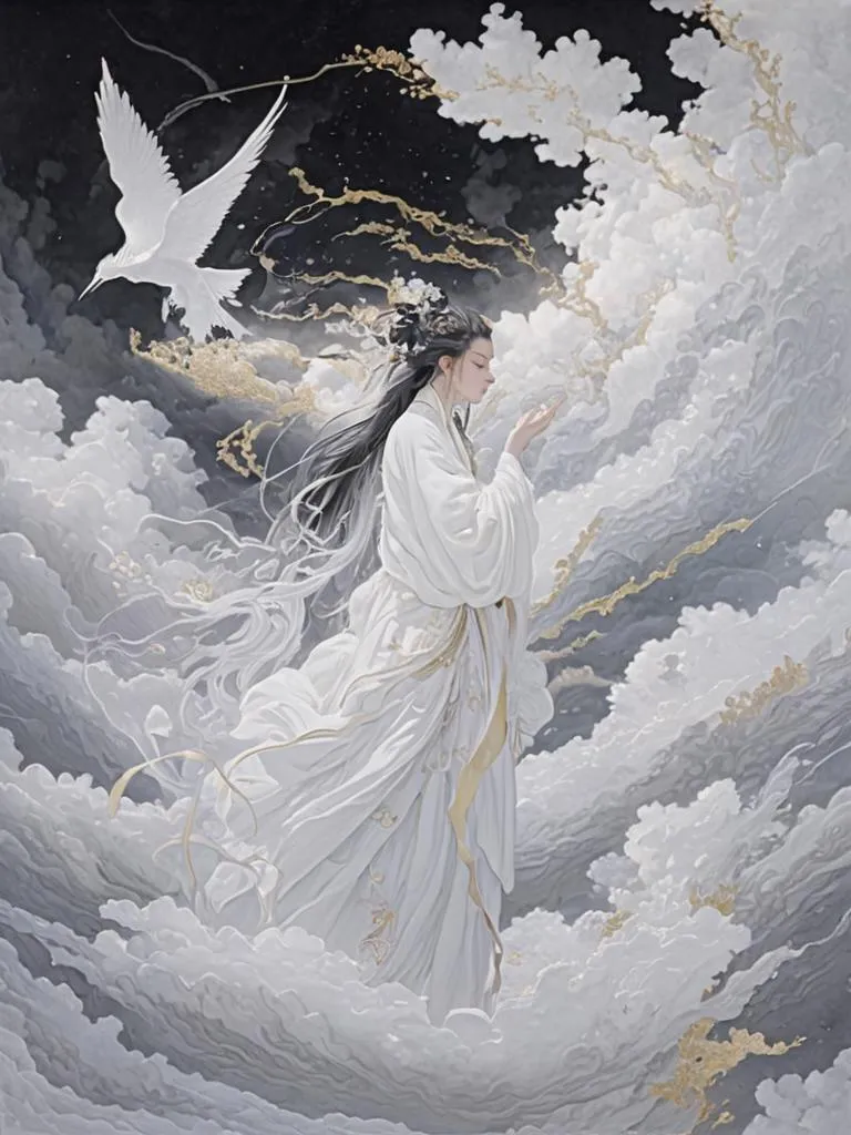 A serene, mythical woman wearing flowing white robes with gold accents, standing amidst swirling heavenly clouds with a white bird flying nearby. AI generated image using Stable Diffusion.