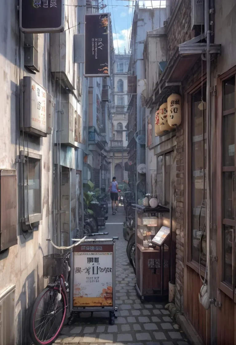 A narrow alleyway featuring Japanese signs, bicycles, and urban details, ai generated image using stable diffusion.