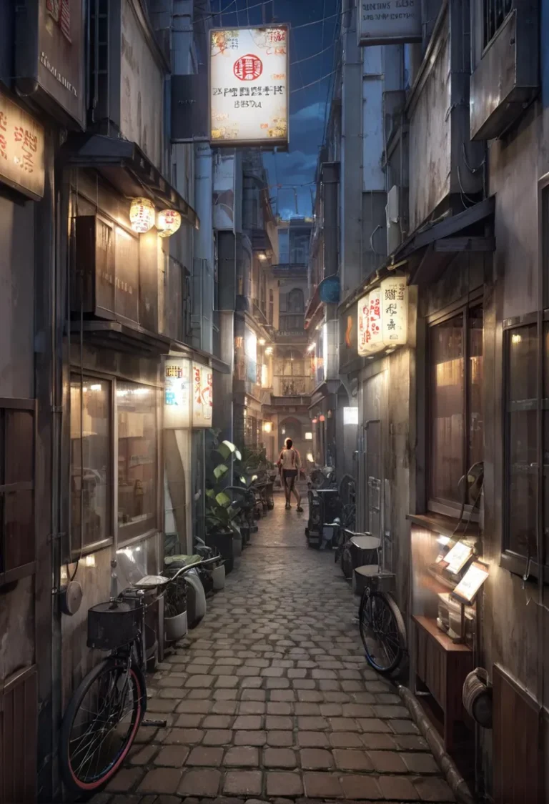 A narrow alleyway at night illuminated by various lit signboards and lanterns, created using stable diffusion AI.