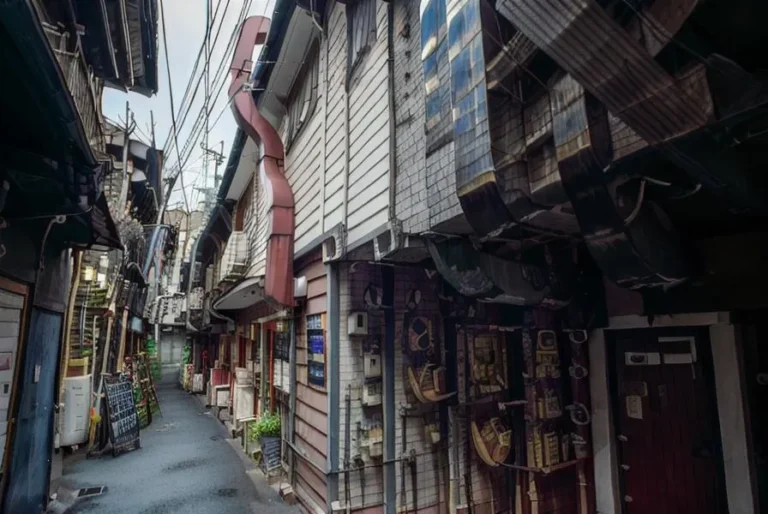 AI generated image using Stable Diffusion showcasing a narrow street with traditional architecture, featuring cluttered facades, winding cables, and various shop signs.