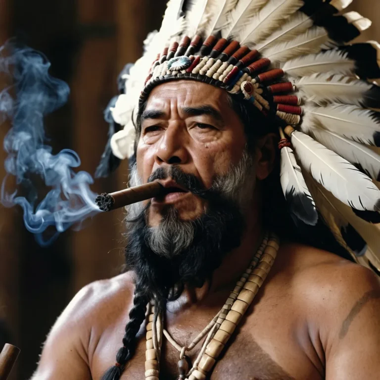 Stoic Native American chief smoking a cigar, wearing a feather headdress and traditional jewelry, AI generated using Stable Diffusion.