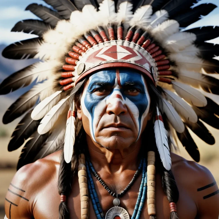 AI generated image using stable diffusion of a Native American warrior wearing a traditional headdress adorned with feathers, detailed face paint, and colorful beads.