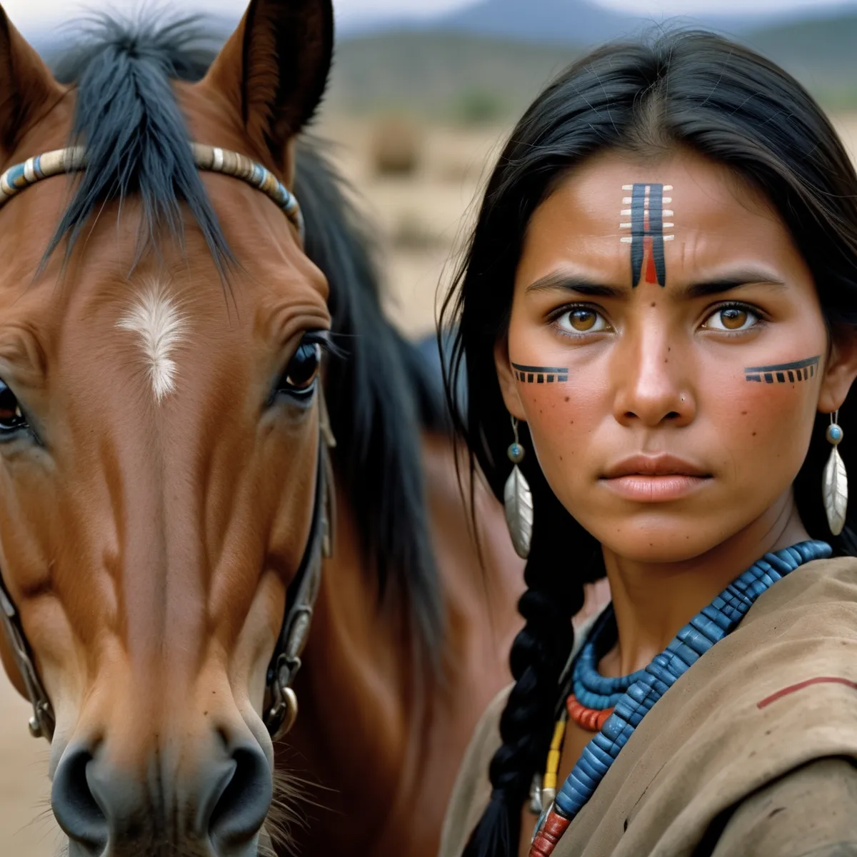 AI generated image using Stable Diffusion of a Native American woman with traditional face paint and jewelry, standing next to a horse.