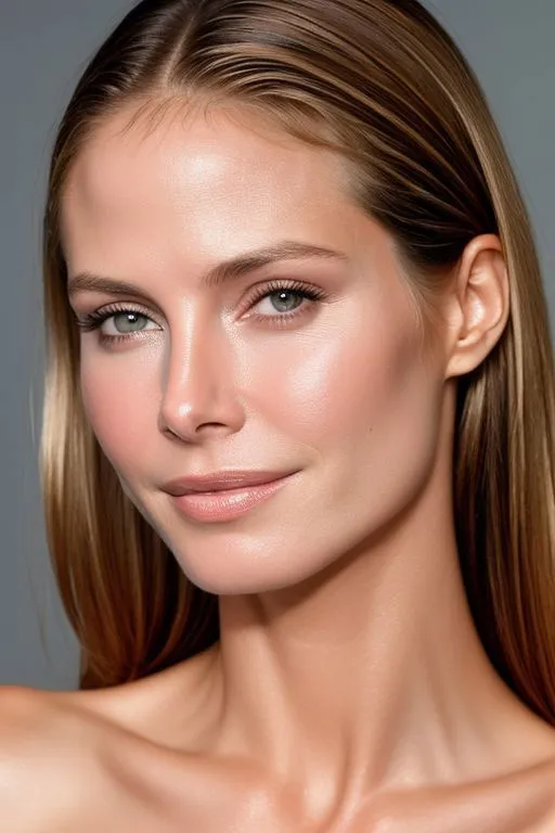 A close-up AI generated portrait using stable diffusion, featuring a woman with flawless, smooth skin, light makeup, and straight brown hair against a neutral background.