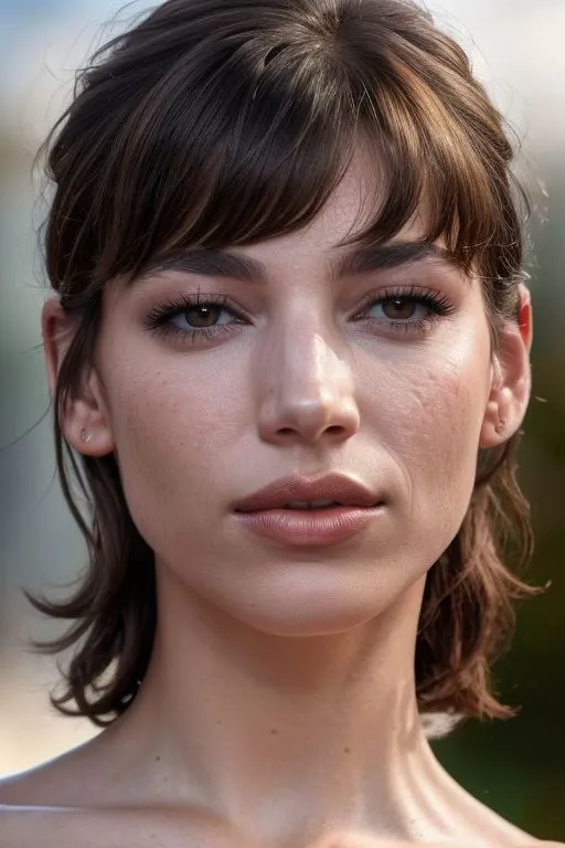 A realistic and detailed close-up portrait of a young woman with brown hair and bangs, created using stable diffusion AI technology.