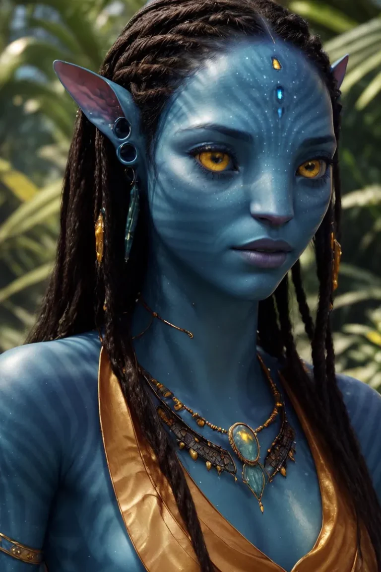 An AI generated image of a Na'vi woman from Avatar, with detailed blue skin, yellow eyes, and traditional accessories, created using stable diffusion.