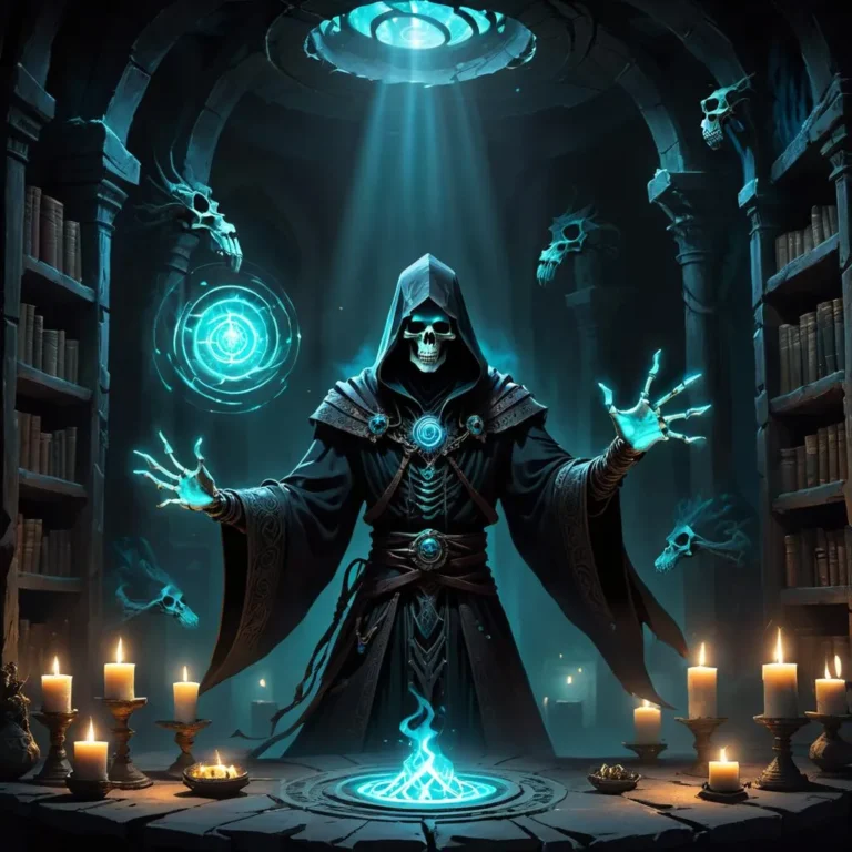 A necromancer wizard, depicted as a skeleton, conjures dark magic in a mystical, candle-lit library. This is an AI generated image using Stable Diffusion.