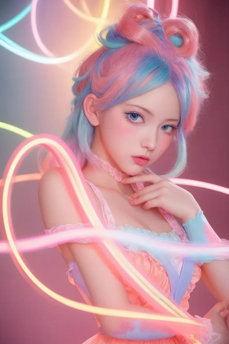 AI generated image of an anime girl with pastel blue and pink hair in a neon-lit background, created using stable diffusion.