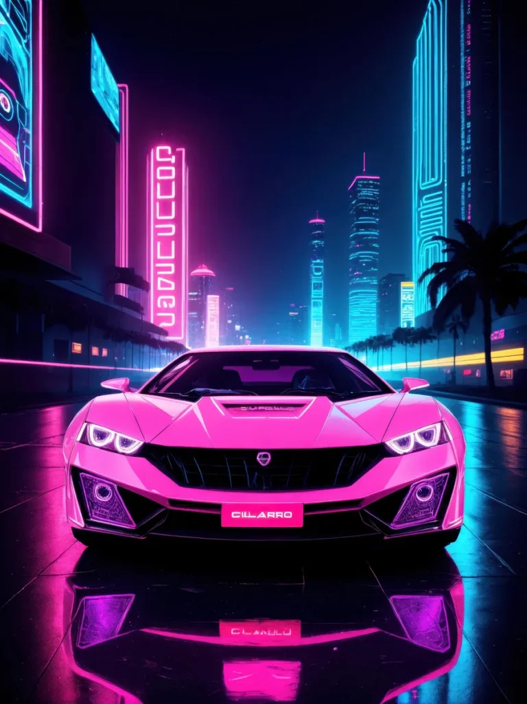 A neon car in a futuristic cyberpunk cityscape with brightly lit skyscrapers. AI generated image using Stable Diffusion.