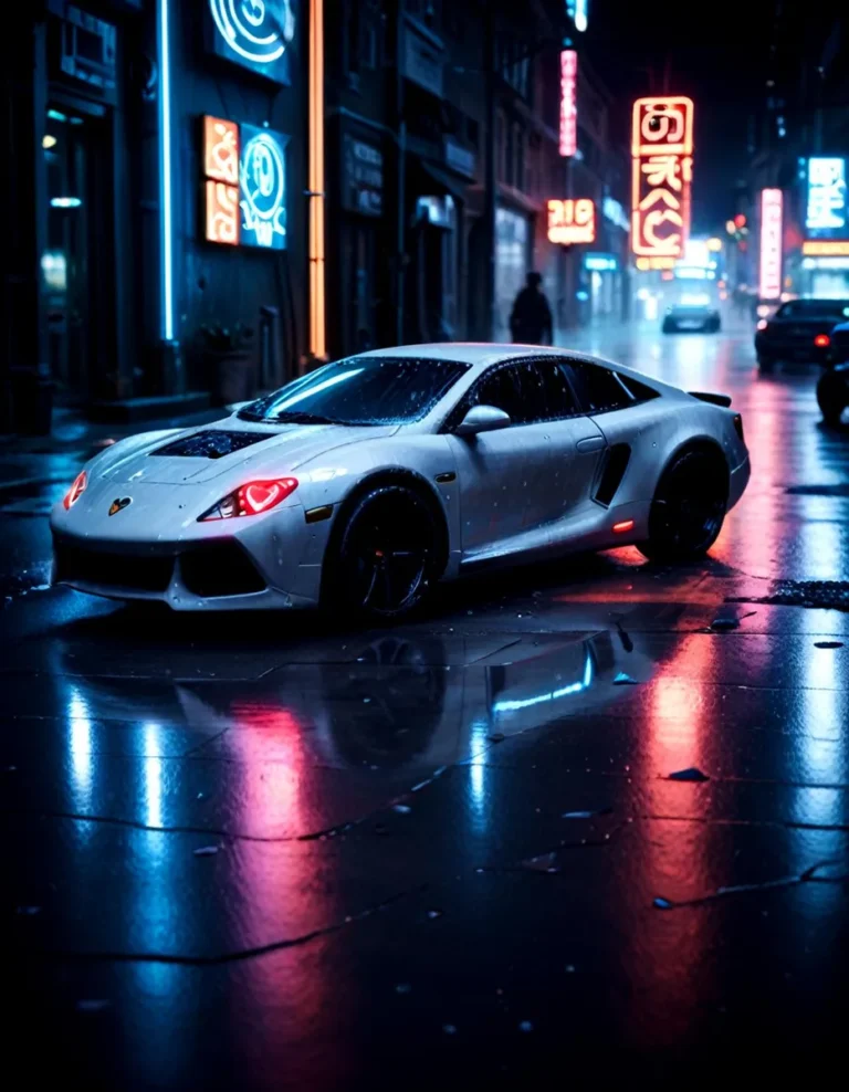 An AI generated image using Stable Diffusion, featuring a sleek white sports car parked on a wet street at night. Neon signs in vibrant blue and pink reflect off the wet pavement creating a cyberpunk atmosphere.