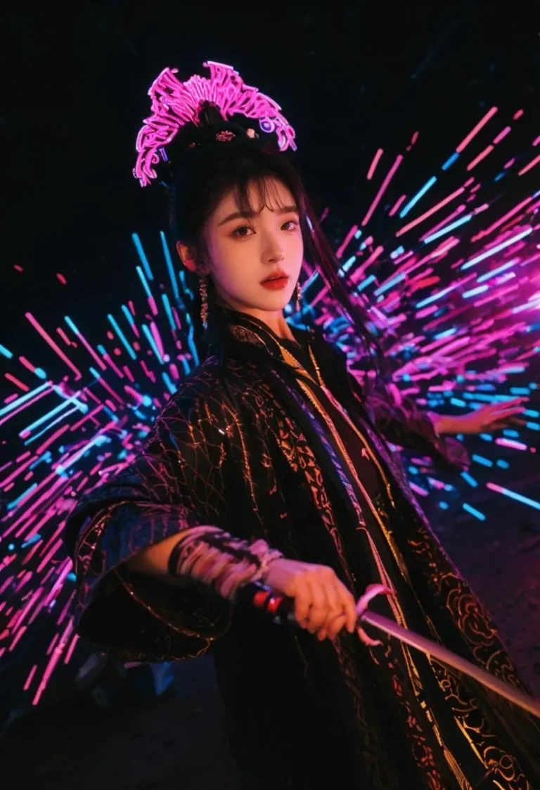 AI generated image of a woman in a samurai outfit with a neon headdress, holding a katana, with vibrant neon streaks in the background created using Stable Diffusion.
