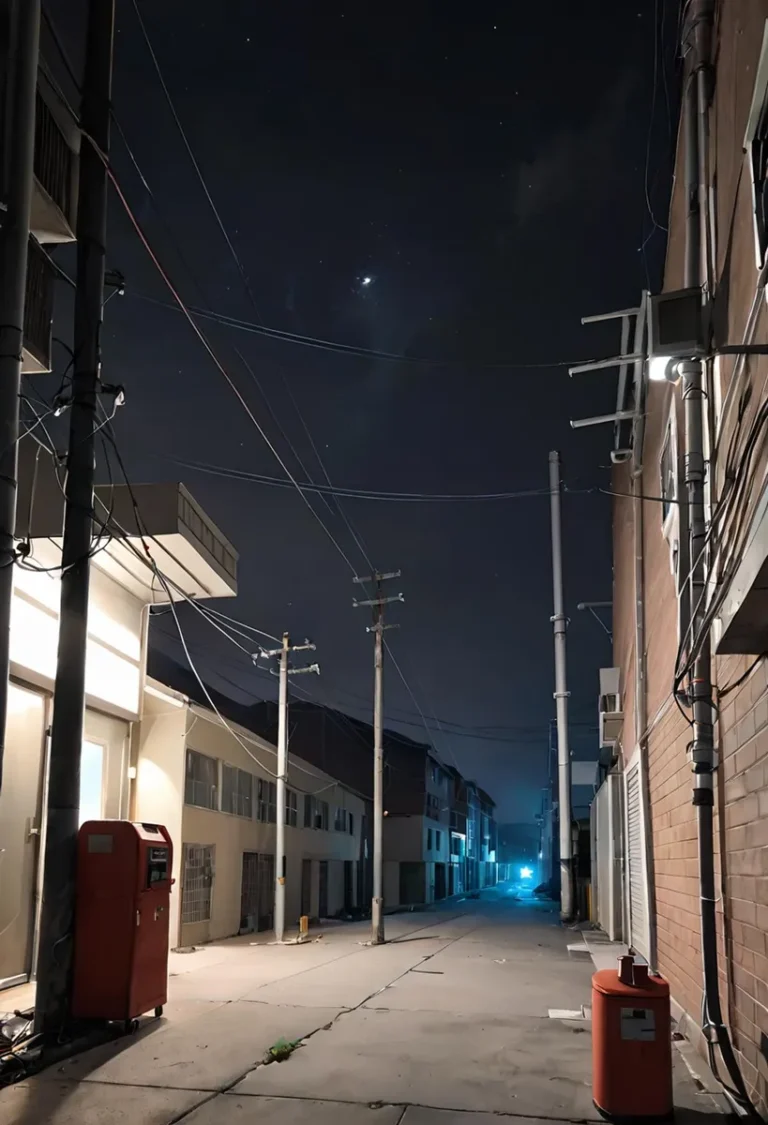A night alley in an urban cityscape with streetlights, utility poles, and visible stars in the sky, generated using stable diffusion