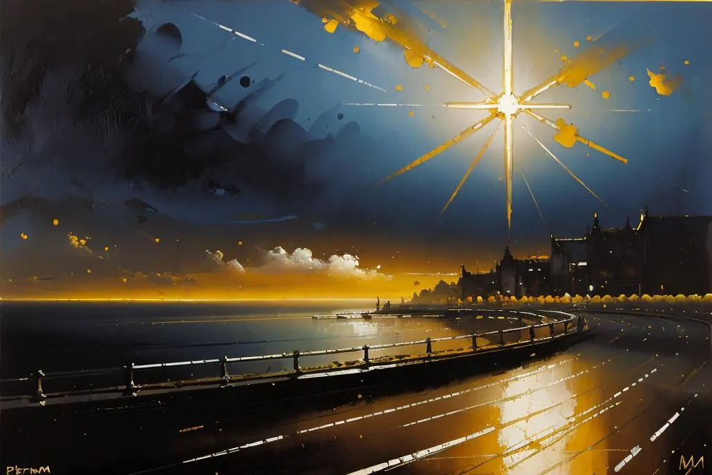 AI generated image of a dramatic night sky above a tranquil coastal scene with a radiant, glowing star and distant buildings using stable diffusion.