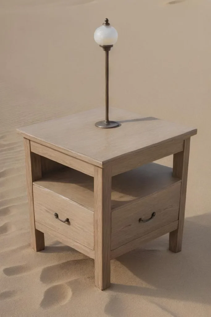 Nightstand with a lamp placed on top, standing in a vast desert landscape, created by AI using Stable Diffusion.
