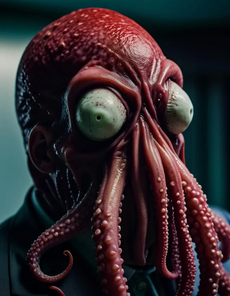 Realistic 3D rendering of a creature with an octopus head and tentacles, dressed in a suit and tie. AI generated image using Stable Diffusion.