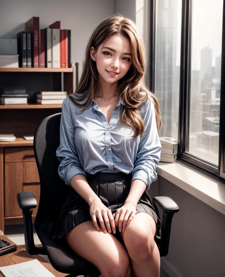 A woman dressed in a blue shirt and a black skirt sitting in an office chair with cityscape visible through the window. This ai generated image was created using stable diffusion.