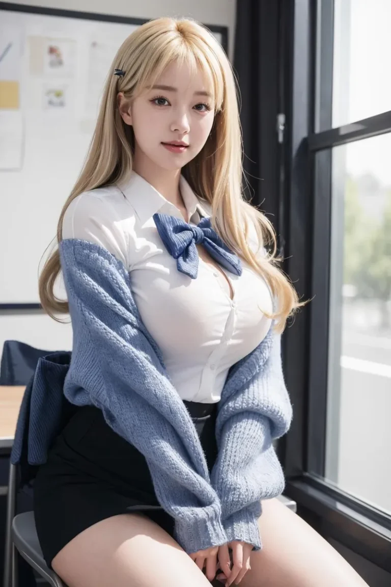 An AI generated image using Stable Diffusion featuring a blonde woman in professional attire, including a white blouse, blue bow-tie, and blue sweater, seated in an office environment.