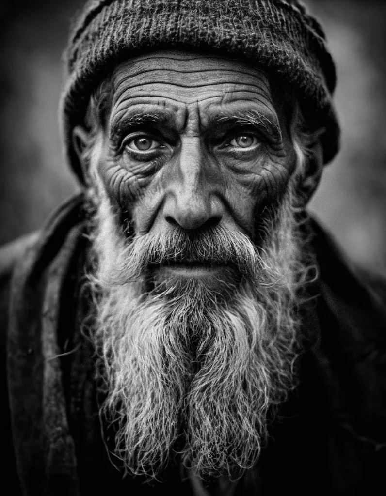 Black and white portrait of an old man with a long beard, wearing a beanie and rugged clothing, created with Stable Diffusion AI.