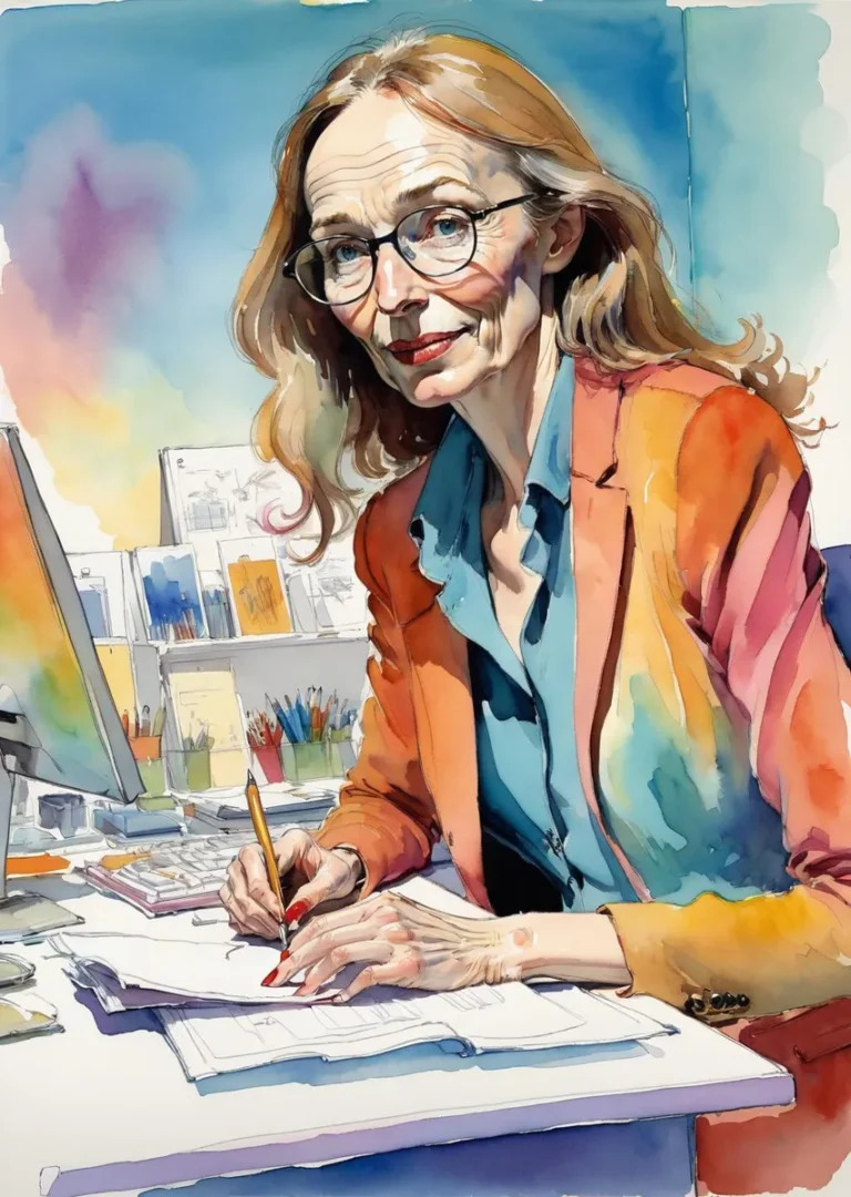 A watercolor portrait of an older woman artist wearing glasses and an orange jacket at her desk, created using Stable Diffusion AI.