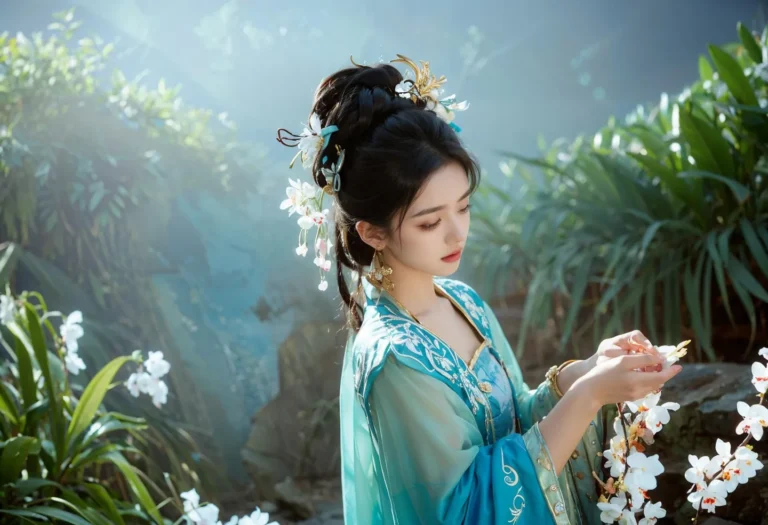 AI generated image of an oriental woman in a traditional dress with floral decorations in her hair, holding white flowers, created using stable diffusion.