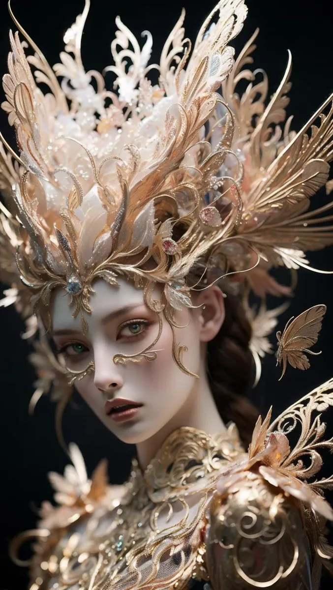 Fantasy portrait of a woman with an intricate and ornate headdress, featuring gold and floral details, generated using Stable Diffusion.