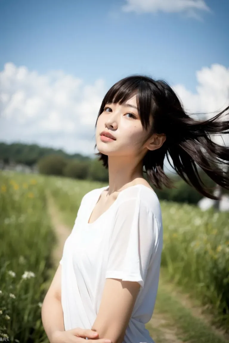 Outdoor portrait of a young woman wearing a white shirt with her hair flowing in the wind standing in a green field under a blue sky, AI generated image using Stable Diffusion.