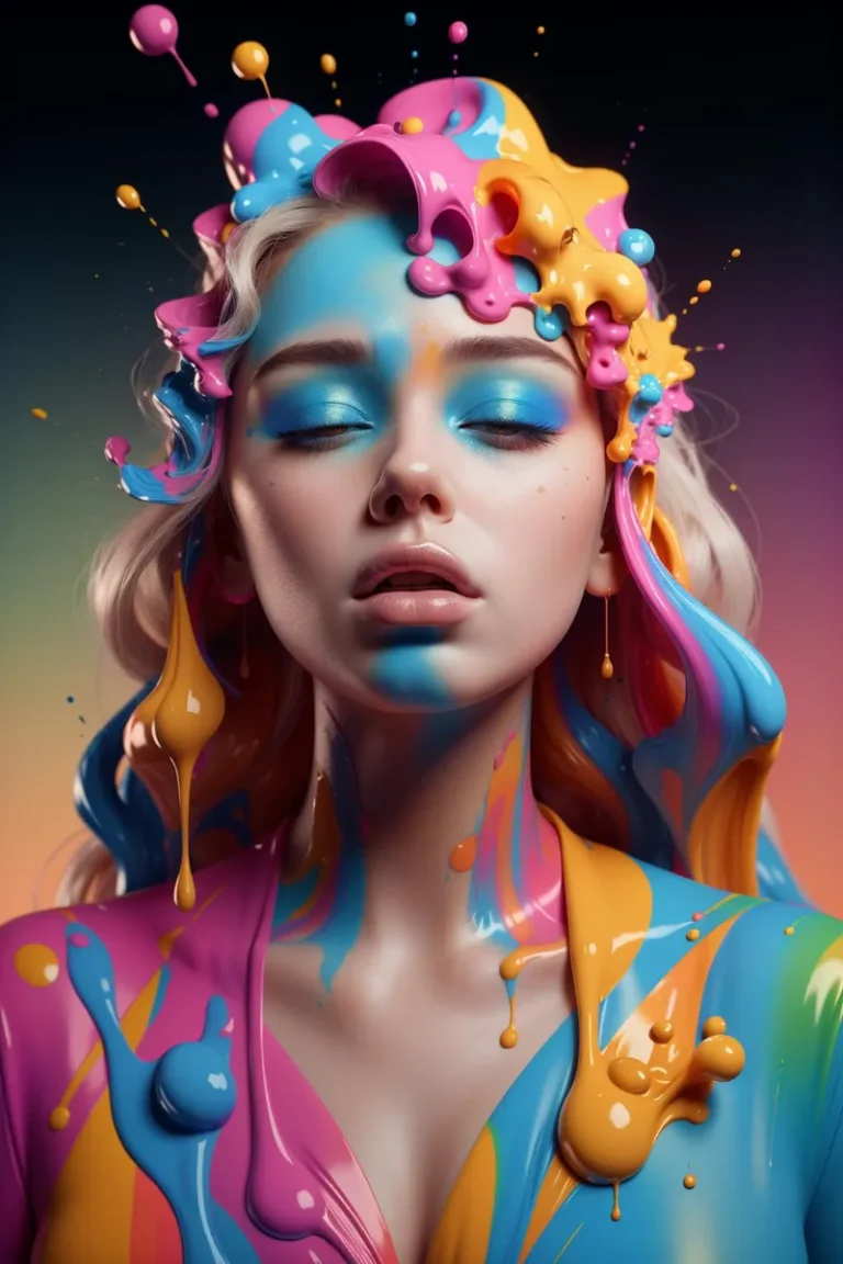 A vibrant and surreal portrait of a woman with closed eyes, her skin and hair adorned with splashes of colorful paint. Emphasizing it's an AI generated image using Stable Diffusion.