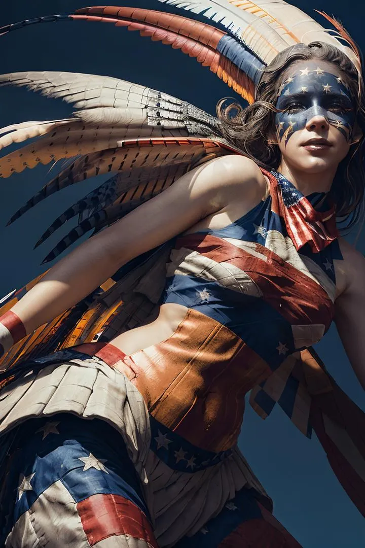 A warrior dressed in an American flag-themed costume, with a headdress made of feathers and face paint resembling the American flag. This is an AI generated image using Stable Diffusion.