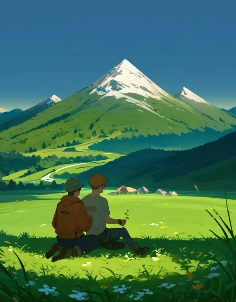 Two friends sitting on a grassy field facing snow-capped mountains in an AI generated image using Stable Diffusion.
