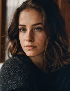 Pensive woman with short wavy hair and knitted sweater, captured in natural light. This is an AI generated image using stable diffusion.