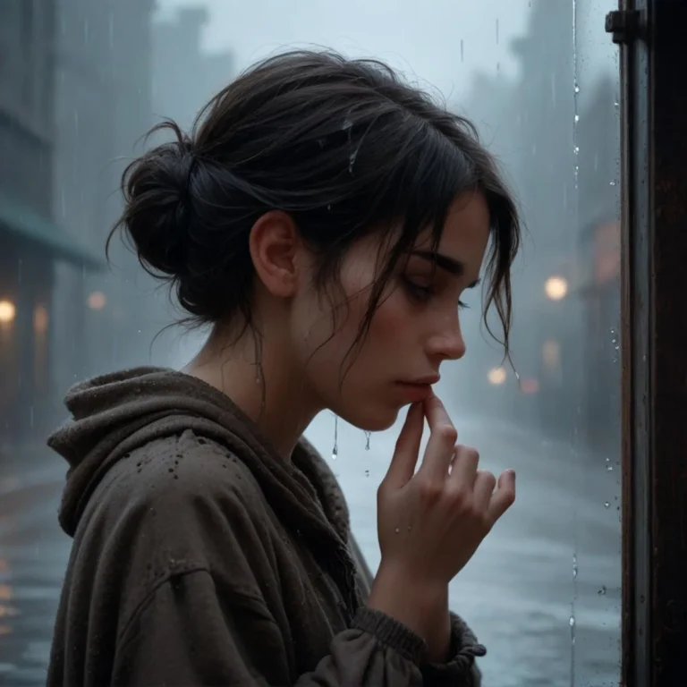AI-generated image of a pensive woman looking thoughtful while standing near a window on a rainy day.