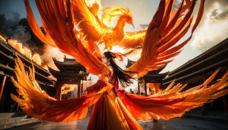 A fantasy scene of a woman in traditional attire with fiery phoenix wings, created using AI Stable Diffusion.