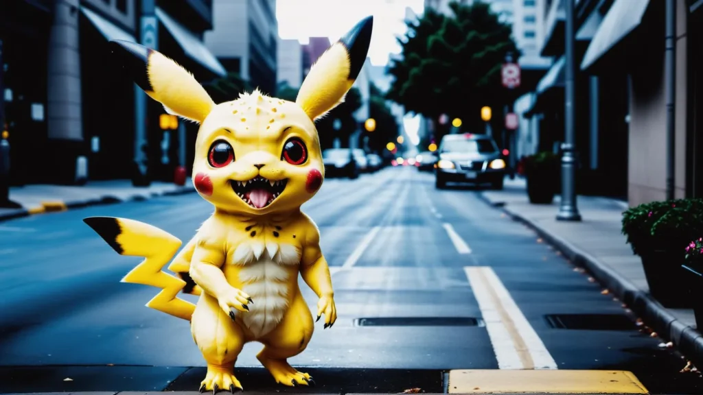 Pikachu standing in the middle of an urban city street. AI generated image using Stable Diffusion.
