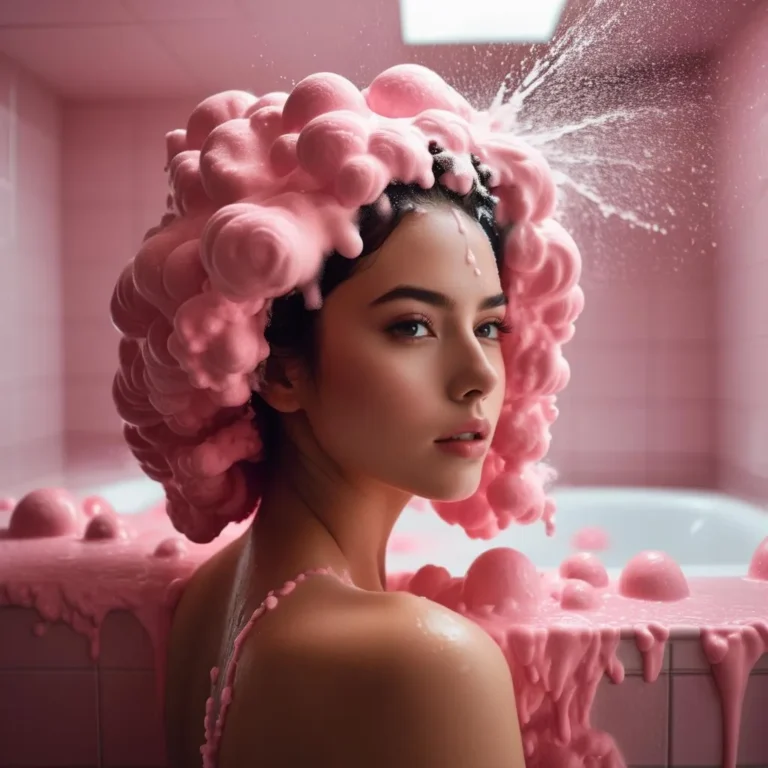 A woman with elaborate pink foam in her hair, sitting in a bathtub splattered with pink foam. AI generated image using Stable Diffusion.