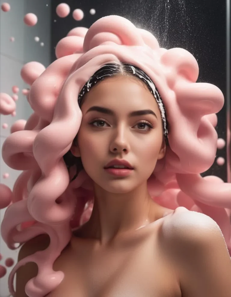A woman with pink foam styled as hair, in a shower. This is an AI generated image using Stable Diffusion.