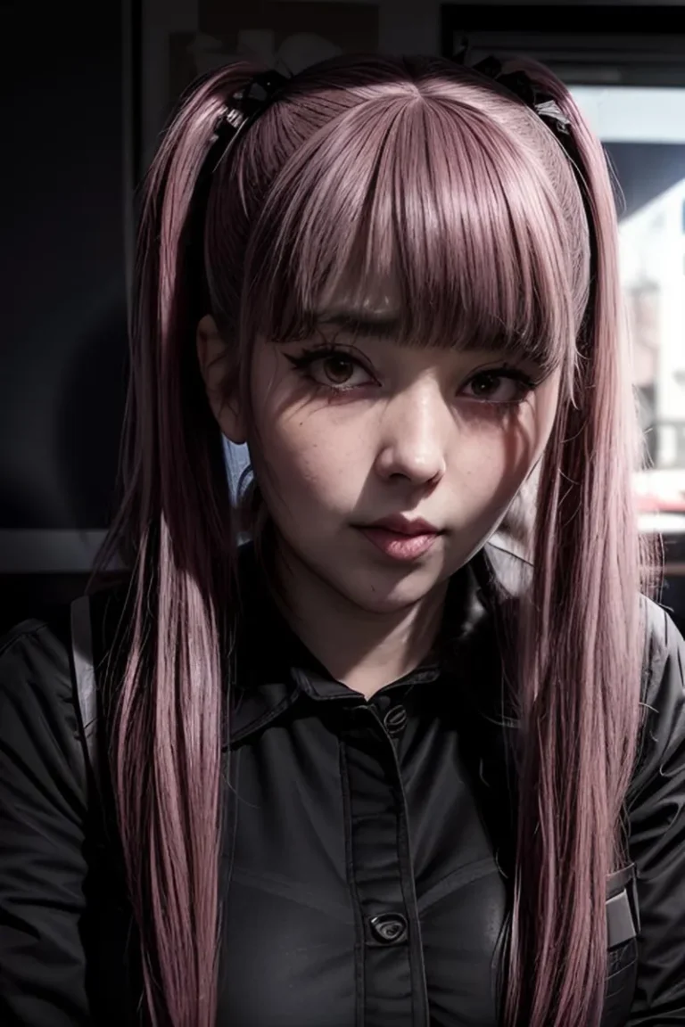 AI generated image of a young woman with long pink hair styled in twin ponytails, with a black outfit in a cosplay style using Stable Diffusion.